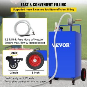 VEVOR 114L Fuel Caddy, Gas Storage Tank & 4 Wheels, with Manuel Transfer Pump, Gasoline Diesel Fuel Container for Cars, Lawn Mowers, ATVs, Boats, More, Blue | Fitness Equipment Store
