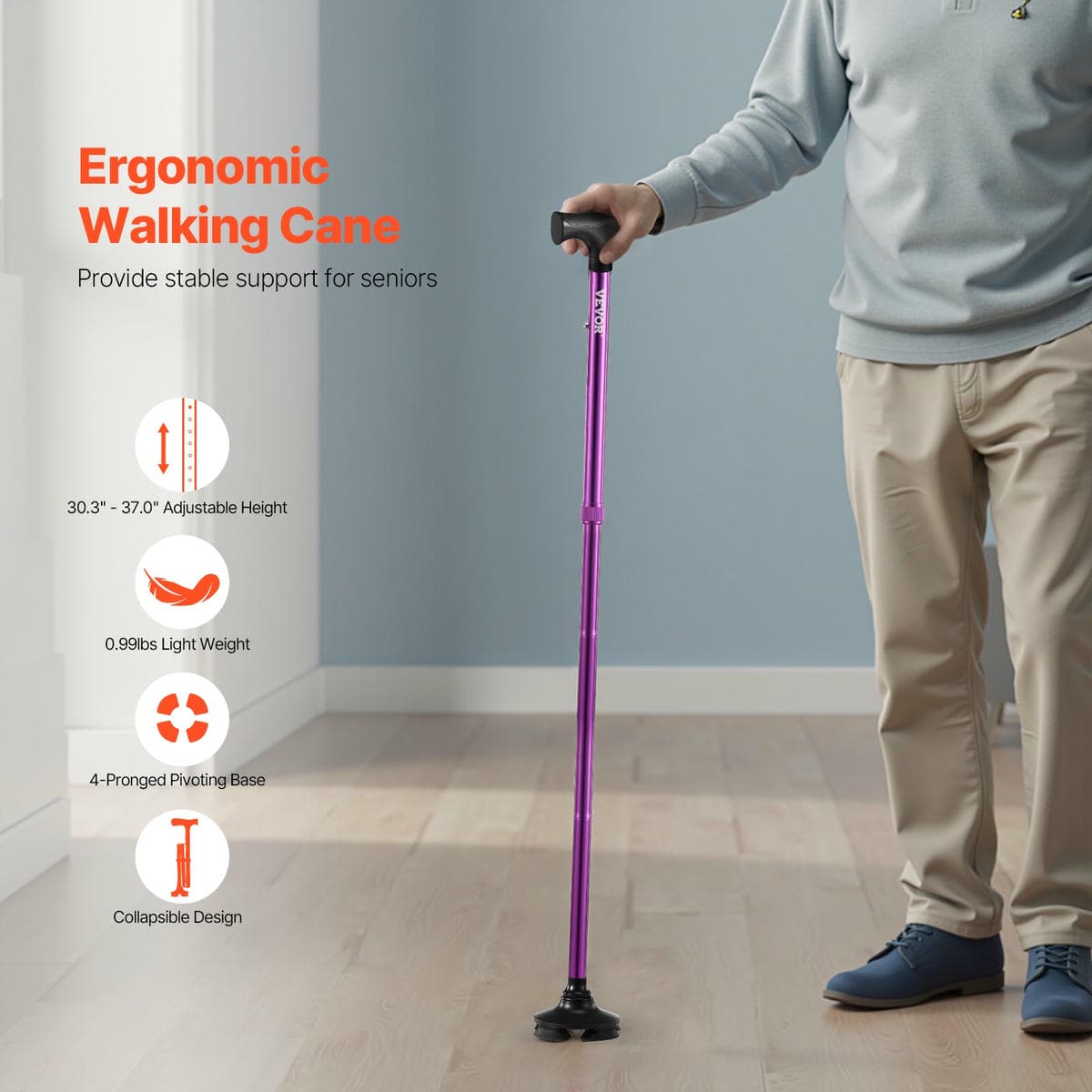 VEVOR Walking Cane Folding Walking Stick 8-Level Height 4-Pronged Pivoting Base 2 VEVOR Walking Cane Folding Walking Stick 8-Level Height 4-Pronged Pivoting Base - Image 2