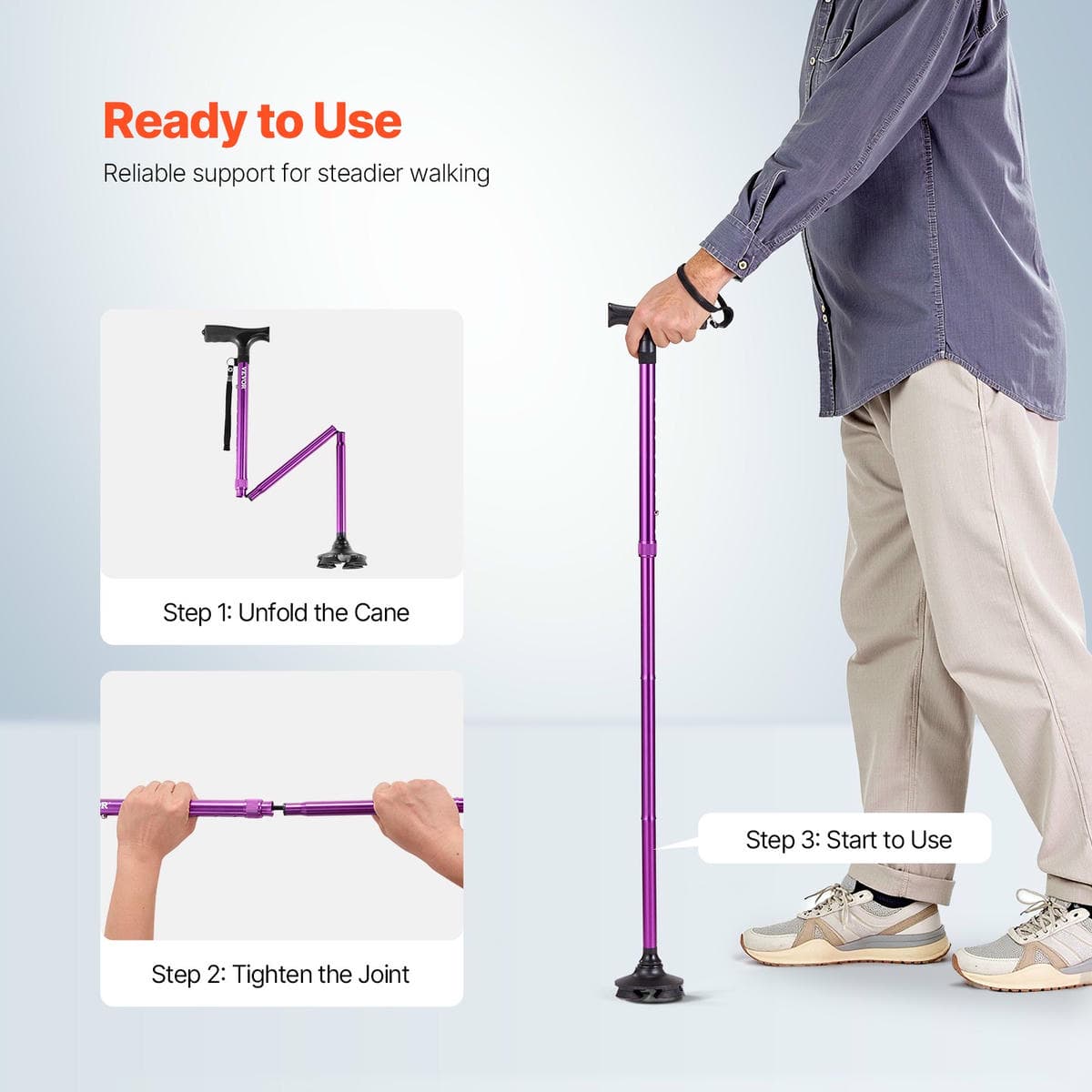 VEVOR Walking Cane Folding Walking Stick 8-Level Height 4-Pronged Pivoting Base 6 VEVOR Walking Cane Folding Walking Stick 8-Level Height 4-Pronged Pivoting Base - Image 6