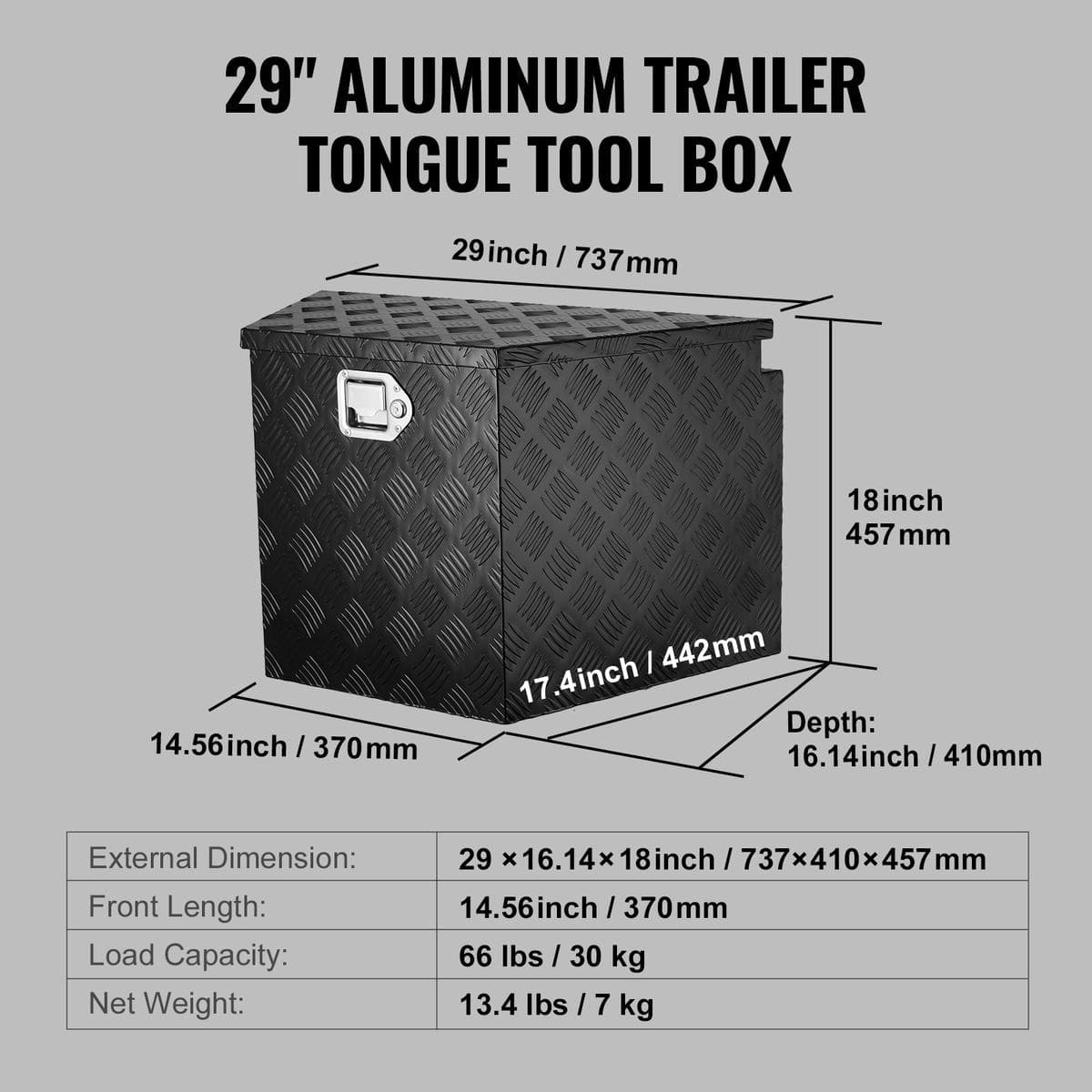 VEVOR Trailer Tongue Box, Aluminum Alloy Diamond Plate Tongue Box Tool Chest, Heavy Duty Trailer Box Storage with Lock and Keys, for Pickup Truck, RV, Trailer, 737 x 410 x 460 mm/29x16.5x18inch 7 VEVOR Trailer Tongue Box, Aluminum Alloy Diamond Plate Tongue Box Tool Chest, Heavy Duty Trailer Box Storage with Lock and Keys, for Pickup Truck, RV, Trailer, 737 x 410 x 460 mm/29x16.5x18inch - Image 7