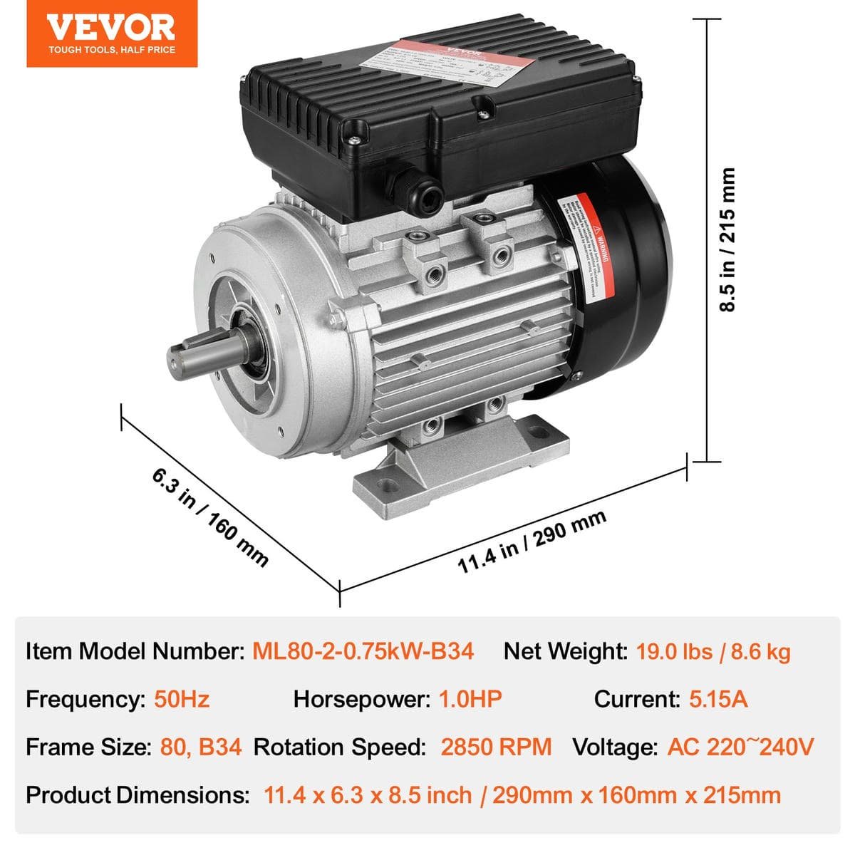 VEVOR 2.2KW Electric Motor 2800 rpm, AC 220~240V 13.8A, 90L, B3 Frame, Air Compressor Motor Single Phase, 24mm Keyed Shaft, CW/CCW Rotation for Agricultural Machinery and General Equipment 7 VEVOR 2.2KW Electric Motor 2800 rpm, AC 220~240V 13.8A, 90L, B3 Frame, Air Compressor Motor Single Phase, 24mm Keyed Shaft, CW/CCW Rotation for Agricultural Machinery and General Equipment - Image 7