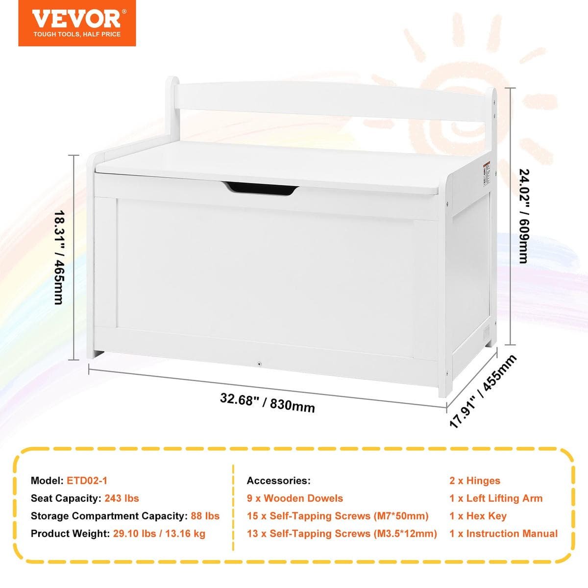 V952-XTETCWDYHLBC1UNIRV0-202508011830-06.jpg VEVOR Kids Toy Storage Bench Wooden Toy Box Chest 32.68 x 17.91 x 24.02" White | Fitness Equipment Store