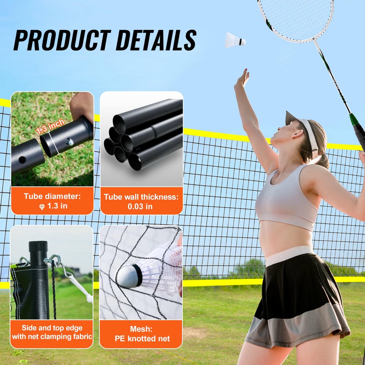 VEVOR Badminton Net Set, Outdoor Backyard Beach Park Badminton Net, Portable Badminton Equipment Set, Adults Kids Badminton Net with Poles, Carrying Bag, 4 Iron Rackets, and 3 Nylon Shuttlecocks 4 VEVOR Badminton Net Set, Outdoor Backyard Beach Park Badminton Net, Portable Badminton Equipment Set, Adults Kids Badminton Net with Poles, Carrying Bag, 4 Iron Rackets, and 3 Nylon Shuttlecocks - Image 4