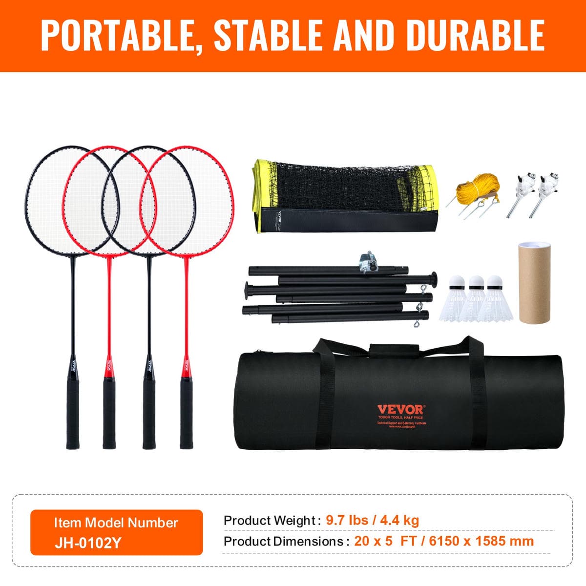 VEVOR Badminton Net Set, Outdoor Backyard Beach Park Badminton Net, Portable Badminton Equipment Set, Adults Kids Badminton Net with Poles, Carrying Bag, 4 Iron Rackets, and 3 Nylon Shuttlecocks 7 VEVOR Badminton Net Set, Outdoor Backyard Beach Park Badminton Net, Portable Badminton Equipment Set, Adults Kids Badminton Net with Poles, Carrying Bag, 4 Iron Rackets, and 3 Nylon Shuttlecocks - Image 7