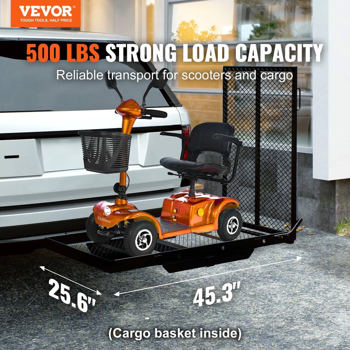 VEVOR Hitch Mount Wheelchair Carrier 45.3" x 25.6", 500LBS Mobility Scooter Carrier with Folding Ramp, Iron Trailer Hitch Rack Basket with Stabilizer, Straps, Fit 2" Hitch Receiver for SUV Van Car 2 VEVOR Hitch Mount Wheelchair Carrier 45.3" x 25.6", 500LBS Mobility Scooter Carrier with Folding Ramp, Iron Trailer Hitch Rack Basket with Stabilizer, Straps, Fit 2" Hitch Receiver for SUV Van Car - Image 2