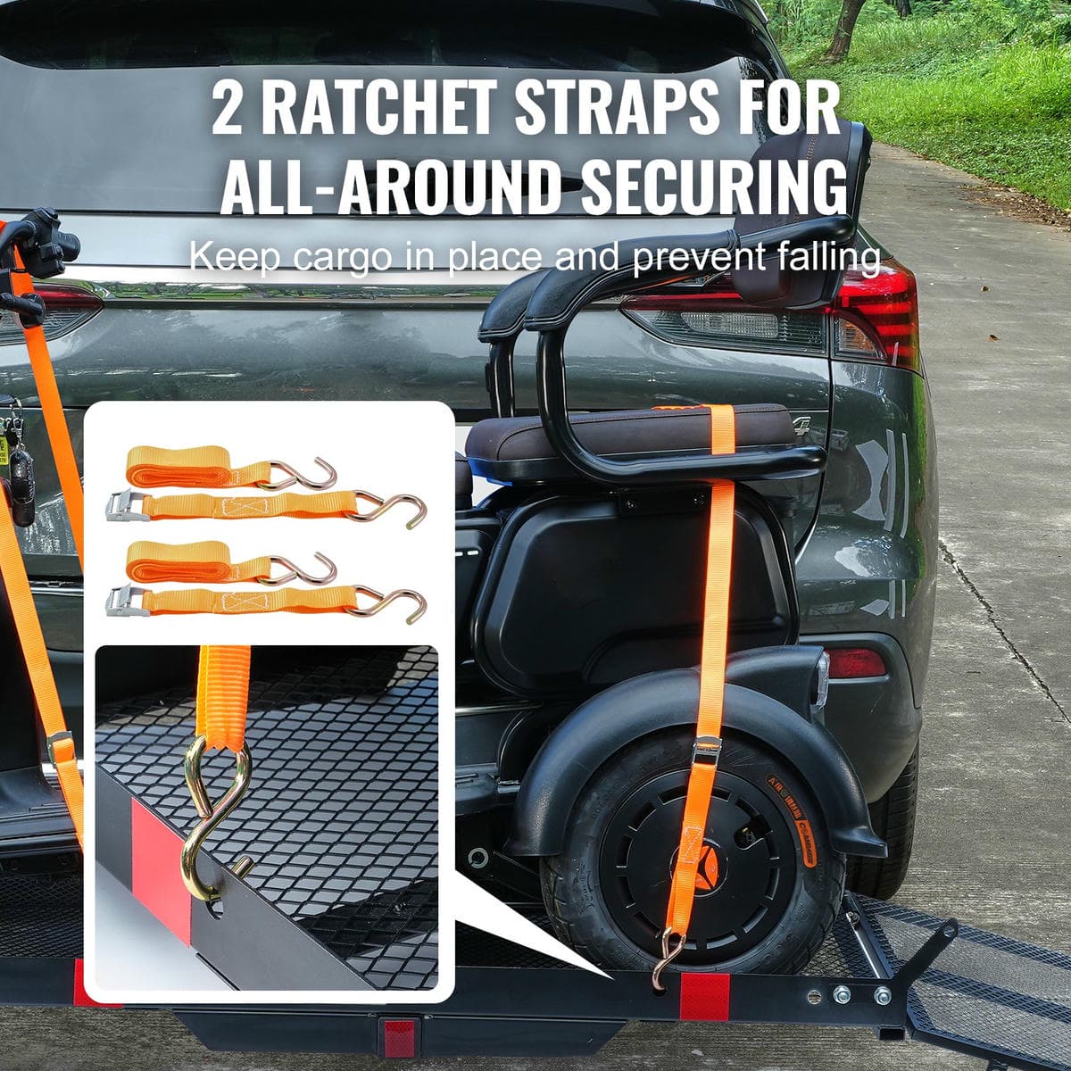 VEVOR Hitch Mount Wheelchair Carrier 45.3" x 25.6", 500LBS Mobility Scooter Carrier with Folding Ramp, Iron Trailer Hitch Rack Basket with Stabilizer, Straps, Fit 2" Hitch Receiver for SUV Van Car 3 VEVOR Hitch Mount Wheelchair Carrier 45.3" x 25.6", 500LBS Mobility Scooter Carrier with Folding Ramp, Iron Trailer Hitch Rack Basket with Stabilizer, Straps, Fit 2" Hitch Receiver for SUV Van Car - Image 3
