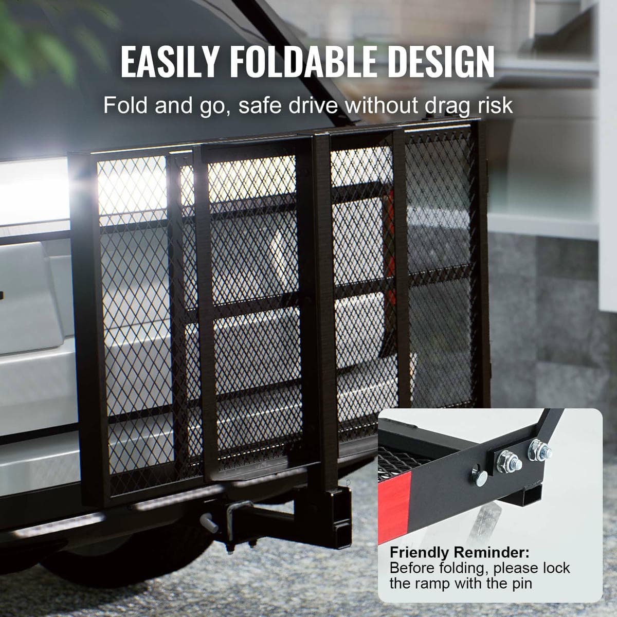 VEVOR Hitch Mount Wheelchair Carrier 45.3" x 25.6", 500LBS Mobility Scooter Carrier with Folding Ramp, Iron Trailer Hitch Rack Basket with Stabilizer, Straps, Fit 2" Hitch Receiver for SUV Van Car 4 VEVOR Hitch Mount Wheelchair Carrier 45.3" x 25.6", 500LBS Mobility Scooter Carrier with Folding Ramp, Iron Trailer Hitch Rack Basket with Stabilizer, Straps, Fit 2" Hitch Receiver for SUV Van Car - Image 4
