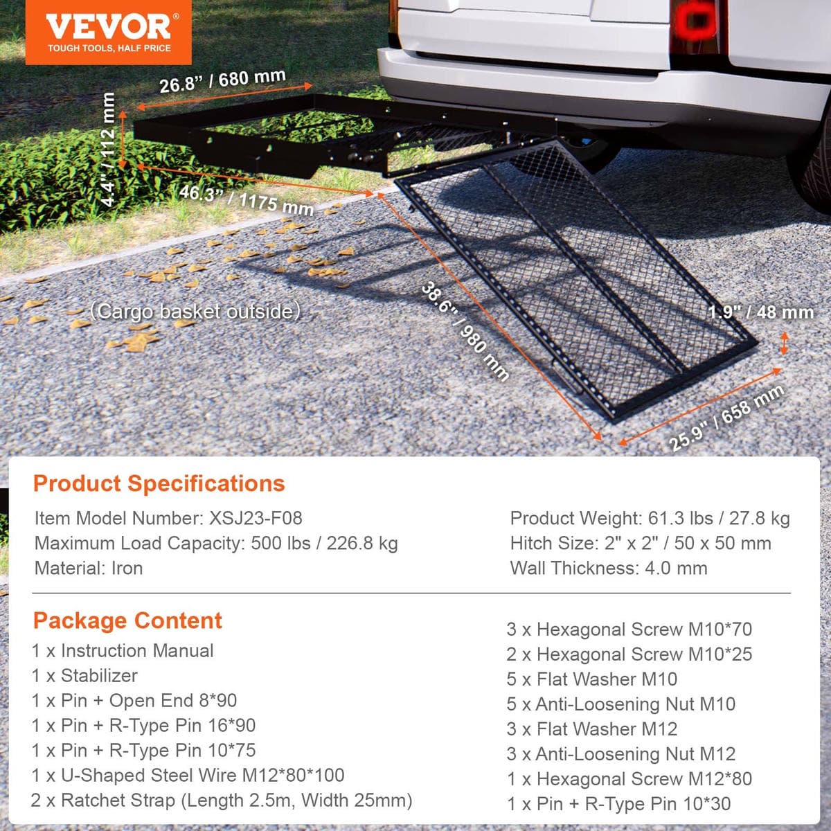 VEVOR Hitch Mount Wheelchair Carrier 45.3" x 25.6", 500LBS Mobility Scooter Carrier with Folding Ramp, Iron Trailer Hitch Rack Basket with Stabilizer, Straps, Fit 2" Hitch Receiver for SUV Van Car 7 VEVOR Hitch Mount Wheelchair Carrier 45.3" x 25.6", 500LBS Mobility Scooter Carrier with Folding Ramp, Iron Trailer Hitch Rack Basket with Stabilizer, Straps, Fit 2" Hitch Receiver for SUV Van Car - Image 7
