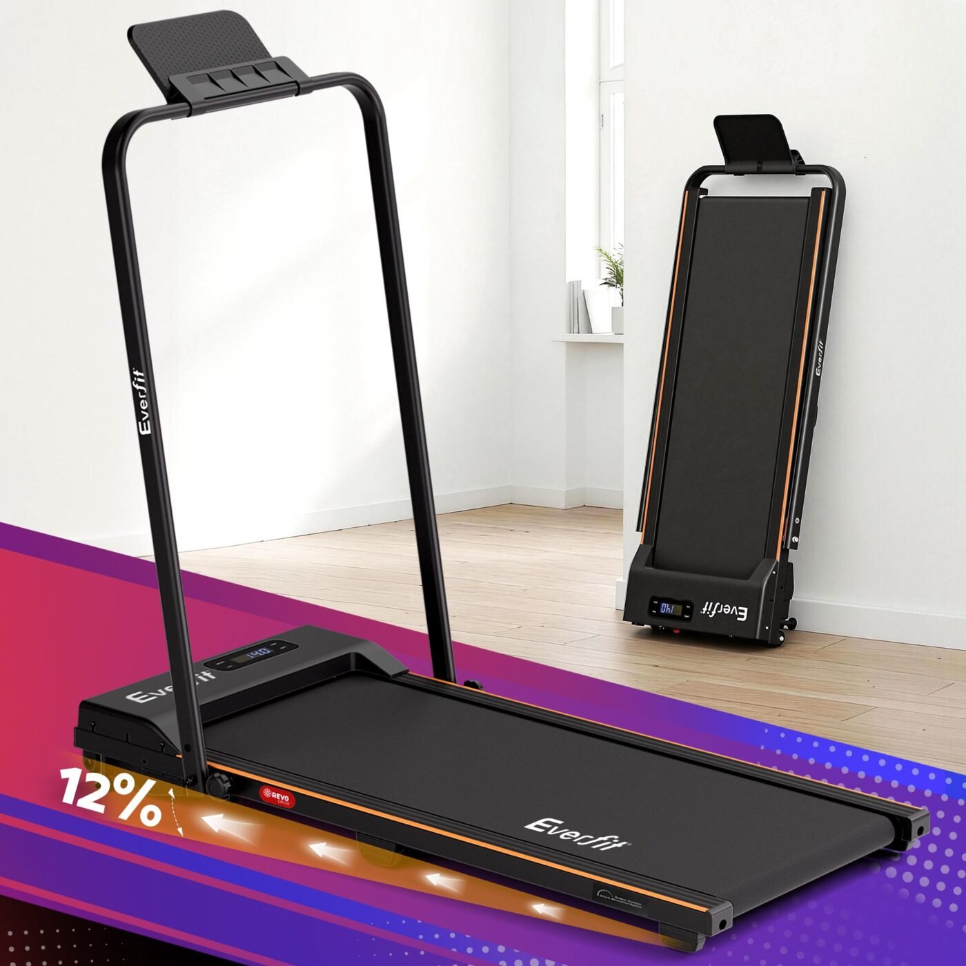 Everfit 3 in 1 Walking Pad Treadmill 12% Incline Foldable Under Desk Treadmills for Home Gym With 38cm Wide Belt Black 1 Everfit 3 in 1 Walking Pad Treadmill 12% Incline Foldable Under Desk Treadmills for Home Gym With 38cm Wide Belt Black