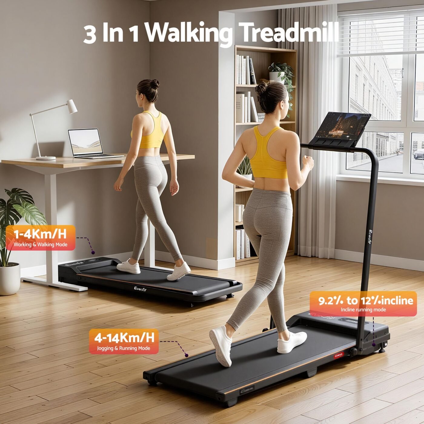 Everfit 3 in 1 Walking Pad Treadmill 12% Incline Foldable Under Desk Treadmills for Home Gym With 38cm Wide Belt Black 4 Everfit 3 in 1 Walking Pad Treadmill 12% Incline Foldable Under Desk Treadmills for Home Gym With 38cm Wide Belt Black - image 4