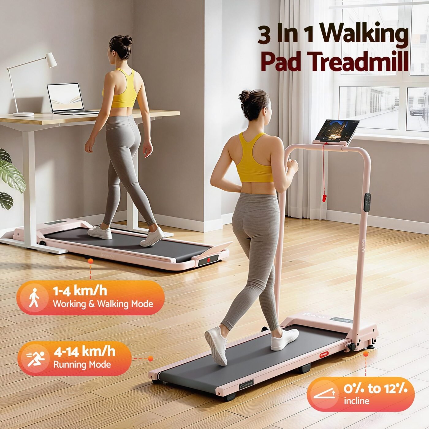 Everfit 3 in 1 Walking Pad Treadmill 12% Incline Under Desk Treadmills for Home Gym With 38cm Wide Belt APP Control 3 Everfit 3 in 1 Walking Pad Treadmill 12% Incline Under Desk Treadmills for Home Gym With 38cm Wide Belt APP Control - image 3
