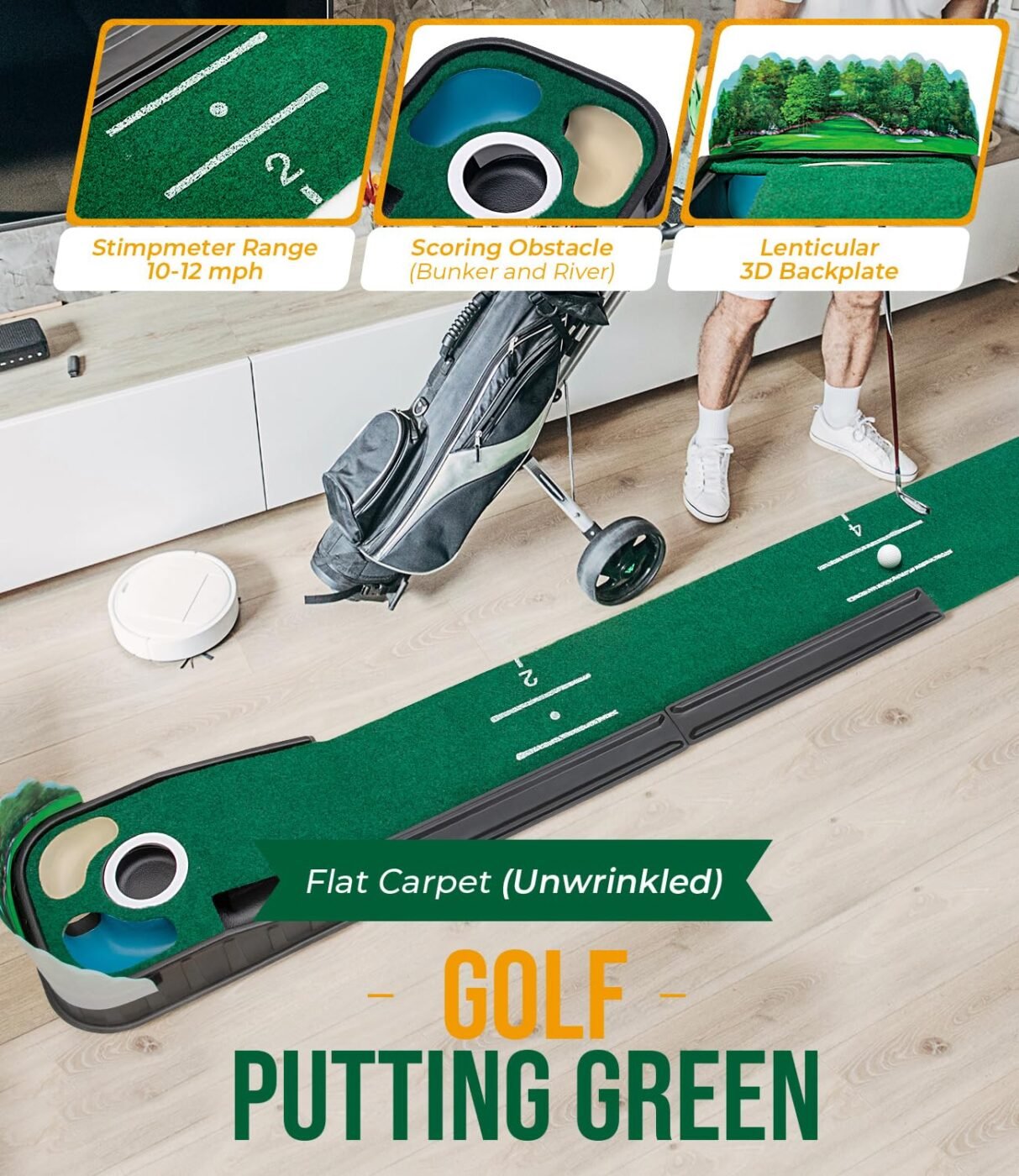 Indoor Golf Putting Green Mat with Ball Return – Realistic 10 mph Speed, Obstacle Training for Home, Office & Simulator (Green) 3 Indoor Golf Putting Green Mat with Ball Return – Realistic 10 mph Speed, Obstacle Training for Home, Office & Simulator (Green) - image 3