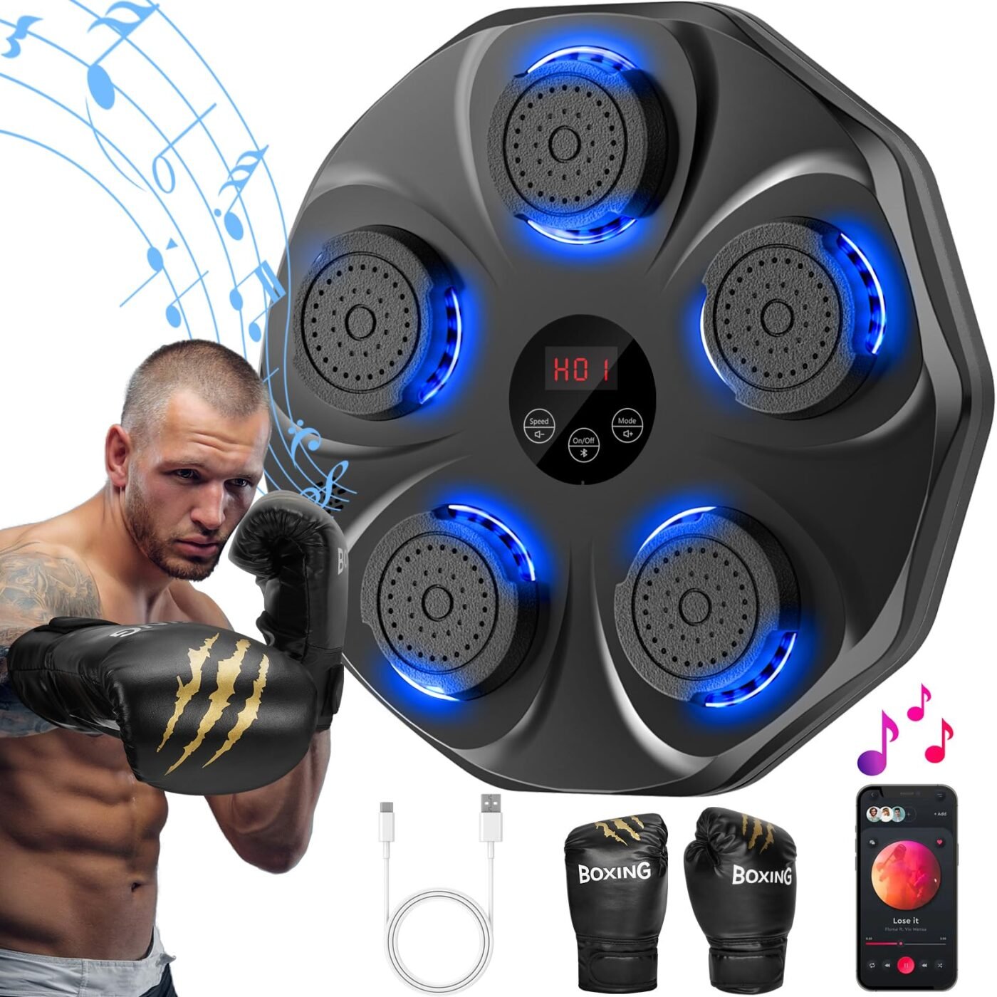 Smart Music Boxing Machine with LED Lights & Bluetooth – Wall-Mounted Interactive Punch Trainer, 9 Modes & 9 Speeds, Includes Gloves for Home Gym Workout (Black) 1 Smart Music Boxing Machine with LED Lights & Bluetooth – Wall-Mounted Interactive Punch Trainer, 9 Modes & 9 Speeds, Includes Gloves for Home Gym Workout (Black)