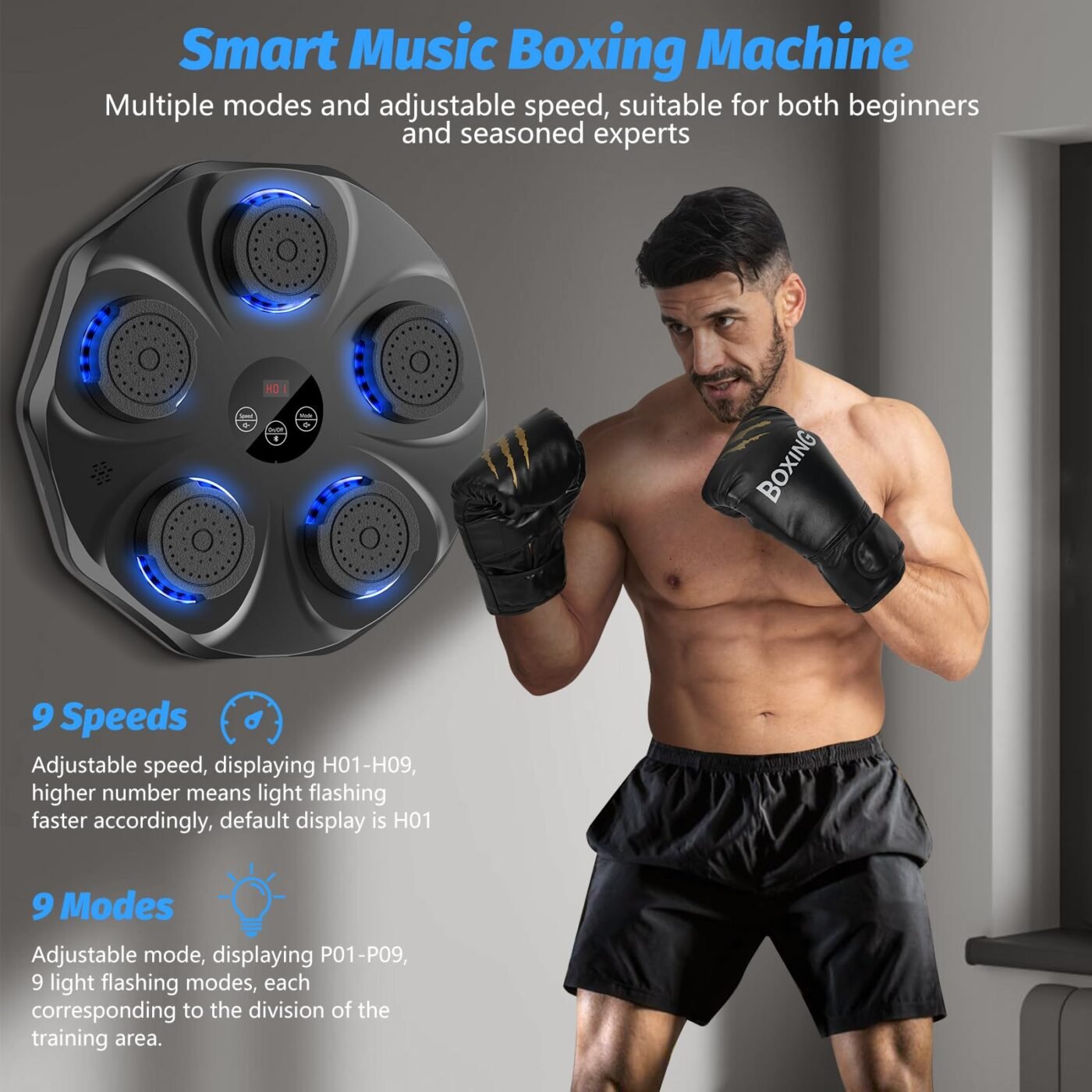 Smart Music Boxing Machine with LED Lights & Bluetooth – Wall-Mounted Interactive Punch Trainer, 9 Modes & 9 Speeds, Includes Gloves for Home Gym Workout (Black) 2 Smart Music Boxing Machine with LED Lights & Bluetooth – Wall-Mounted Interactive Punch Trainer, 9 Modes & 9 Speeds, Includes Gloves for Home Gym Workout (Black) - image 2