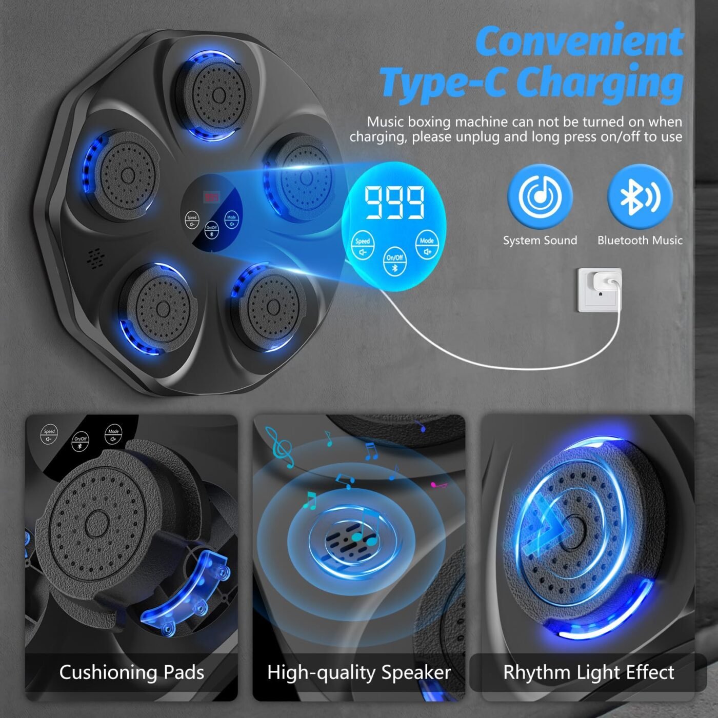 Smart Music Boxing Machine with LED Lights & Bluetooth – Wall-Mounted Interactive Punch Trainer, 9 Modes & 9 Speeds, Includes Gloves for Home Gym Workout (Black) 3 Smart Music Boxing Machine with LED Lights & Bluetooth – Wall-Mounted Interactive Punch Trainer, 9 Modes & 9 Speeds, Includes Gloves for Home Gym Workout (Black) - image 3