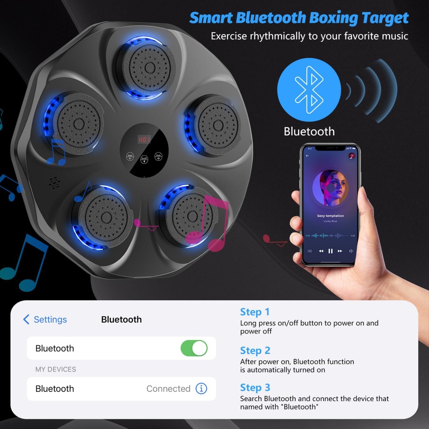 Smart Music Boxing Machine with LED Lights & Bluetooth – Wall-Mounted Interactive Punch Trainer, 9 Modes & 9 Speeds, Includes Gloves for Home Gym Workout (Black) 4 Smart Music Boxing Machine with LED Lights & Bluetooth – Wall-Mounted Interactive Punch Trainer, 9 Modes & 9 Speeds, Includes Gloves for Home Gym Workout (Black) - image 4
