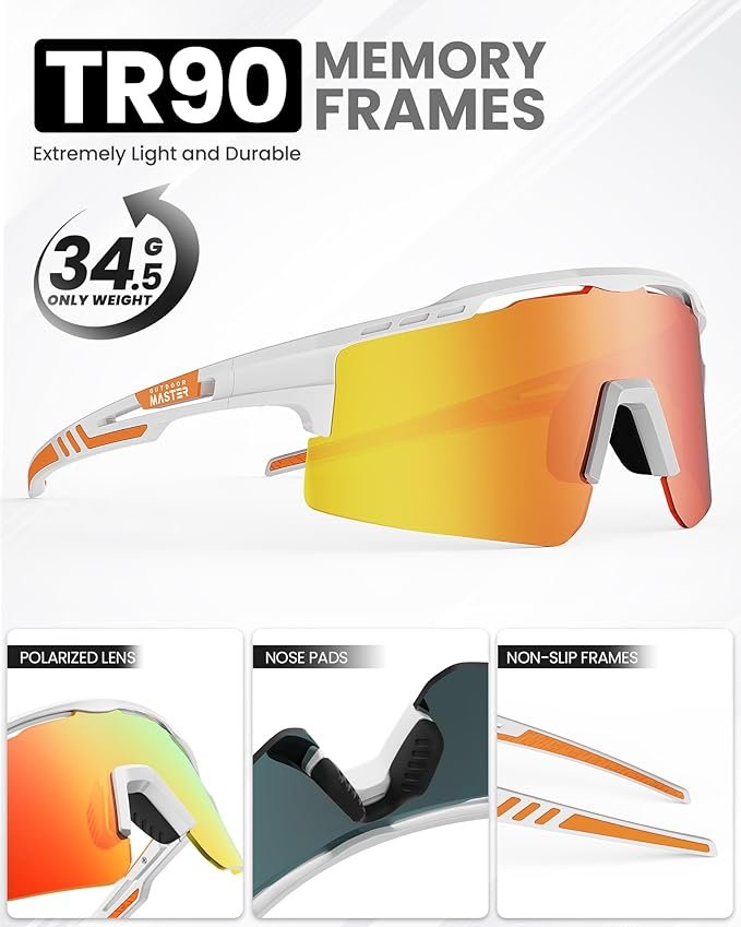 OutdoorMaster Hawk II Polarized Sports Sunglasses for Men Women, TAC 100% UV400 Protection TR90 Frame Cycling Sunglasses, Baseball Running Fishing Golf Glasses-White Frame+revo Red Cat.3,Adult 5 OutdoorMaster Hawk II Polarized Sports Sunglasses for Men Women, TAC 100% UV400 Protection TR90 Frame Cycling Sunglasses, Baseball Running Fishing Golf Glasses-White Frame+revo Red Cat.3,Adult - image 5