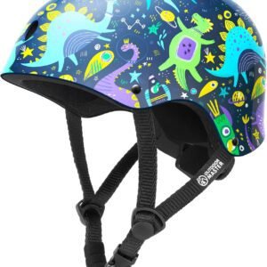 OutdoorMaster Youth & Kids Bike Helmet – Adjustable Multi-Sports Skateboard Helmet with Removable Liners for Balance Bike, Kids Scooter, One Wheel Hoverboard,Graffiti-style helmet-Dinoverse Madness-Medium