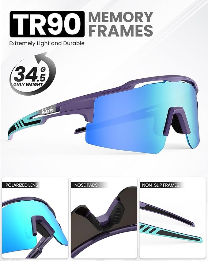 OutdoorMaster Hawk II Polarized Sports Sunglasses for Men Women, TAC 100% UV400 Protection TR90 Frame Cycling Sunglasses, Baseball Running Fishing Golf Glasses-Blue Frame+revo Blue Cat.3,Adult 5 OutdoorMaster Hawk II Polarized Sports Sunglasses for Men Women, TAC 100% UV400 Protection TR90 Frame Cycling Sunglasses, Baseball Running Fishing Golf Glasses-Blue Frame+revo Blue Cat.3,Adult - image 5