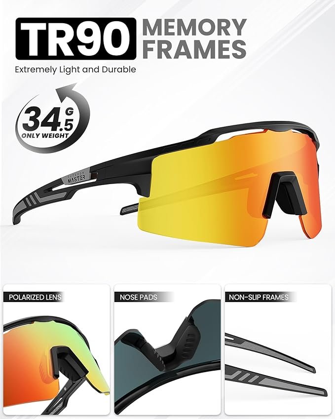 OutdoorMaster Hawk II Polarized Sports Sunglasses for Men Women, TAC 100% UV400 Protection TR90 Frame Cycling Sunglasses, Baseball Running Fishing Golf Glasses-Black Frame+revo Blue Cat.3,Adult 5 OutdoorMaster Hawk II Polarized Sports Sunglasses for Men Women, TAC 100% UV400 Protection TR90 Frame Cycling Sunglasses, Baseball Running Fishing Golf Glasses-Black Frame+revo Blue Cat.3,Adult - image 5