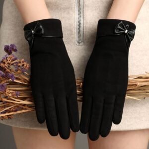 Insulated Women’s Gloves – Extra Thick Lining – Specially Designed for Cycling – With Bow Decoration – Soft and Stretchy – Black