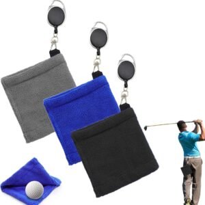 3 pieces – Golf Ball Towel – Golf Bag Amphibious Towels – with retractable buckle – Soft and delicate golf towel – Durable golf club cleaner – for fitness, outdoor sports – 12*12 cm – black, blue and grey