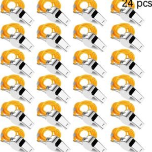 24 pieces - Whistles - Coach Whistle - Outdoor Whistle - Stainless Steel Whistles - Football Referee Whistle - Whistle with Lanyard - Outdoor Accessories - For Emergencies, Sports Training, Referee - Silver - 4*2*1.5 cm