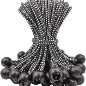 50 pieces - 6 inch - Elastic rope - Elastic cord - Tensioning elastic - tension cord - ball bungee cords - with balls - reusable - for golf nets, soccer goals, camping, tent poles, hose - black rope white spot - 150*22 mm