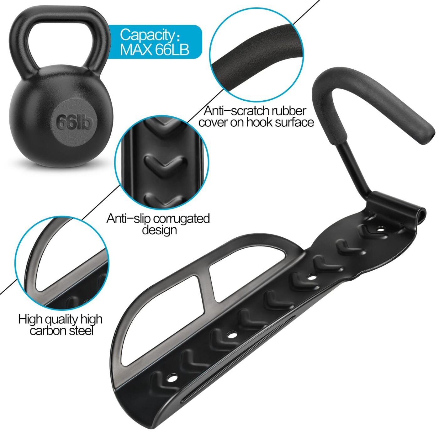Garage Wall Mounted Bike Rack 2 Pack Heavy Duty Steel Hook Compatible with Oral-B Holds 66 lbs 3 Garage Wall Mounted Bike Rack 2 Pack Heavy Duty Steel Hook Compatible with Oral-B Holds 66 lbs - image 3