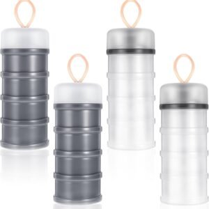 4PCS Protein Powder Container with Funnels Stand, 4 Stackable Non-Spill Protein Powder Dispenser On the Go Portable Leakproof Snack Storage Container for Travel Workout Fitness (Gray + White)