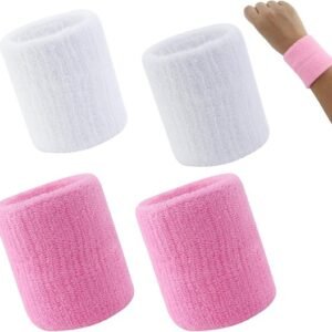 4-Pack Sweat-Wicking Wristbands – Super Stretch Cotton Sports Wristbands – Sweat-Wicking Wristbands – For Tennis, Sports, Basketball, Gymnastics – (Pink and White)