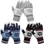 3 Pairs Touch Screen Gloves with Snow Flower Pattern, Warm Knit Winter Gloves Christmas Gifts Stocking Stuffers for Women Gray Blue White