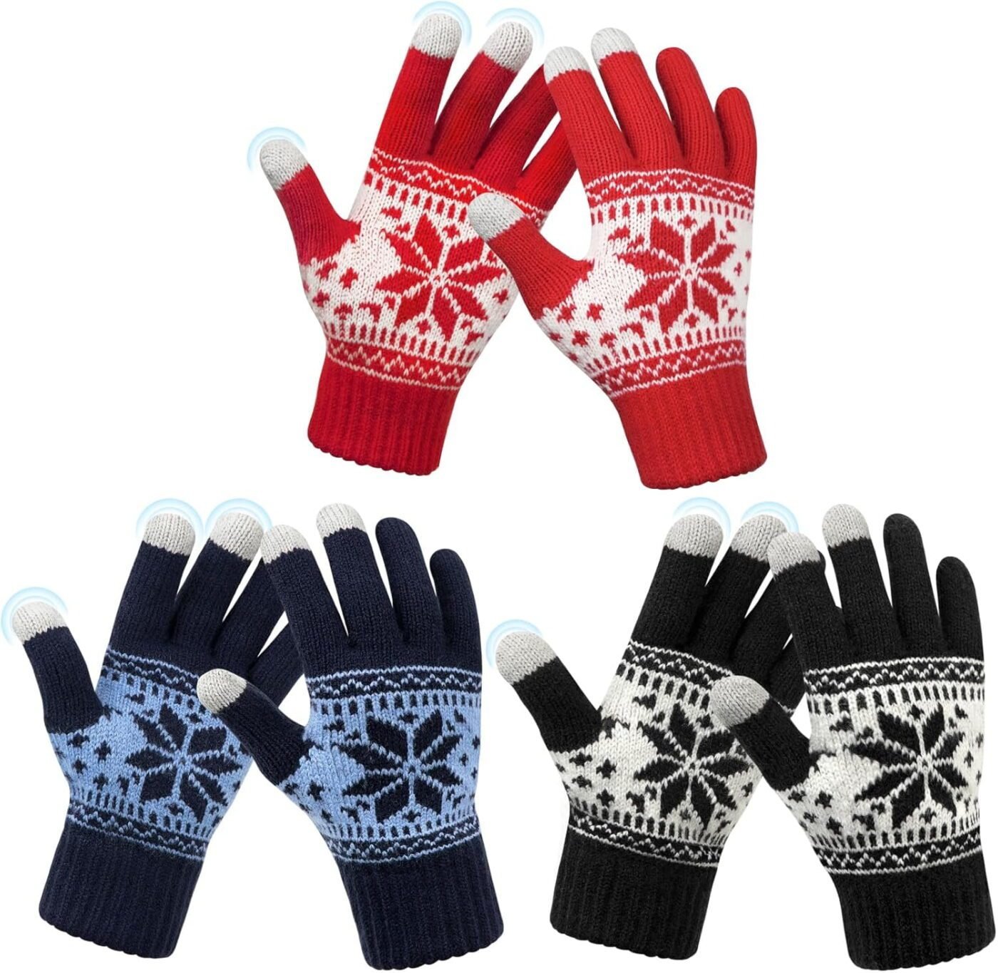 3 Pairs Touch Screen Gloves with Snow Flower Pattern, Warm Knit Winter Gloves Christmas Gifts Stocking Stuffers for Women Red1 Blue White 1 3 Pairs Touch Screen Gloves with Snow Flower Pattern, Warm Knit Winter Gloves Christmas Gifts Stocking Stuffers for Women Red1 Blue White