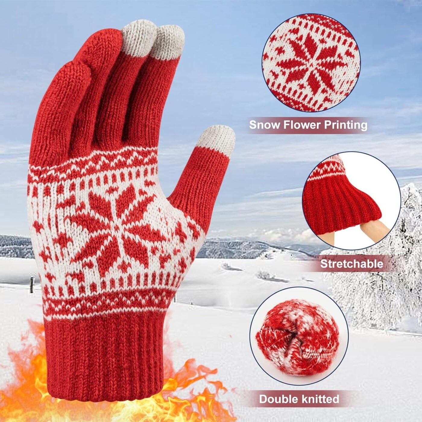 3 Pairs Touch Screen Gloves with Snow Flower Pattern, Warm Knit Winter Gloves Christmas Gifts Stocking Stuffers for Women Red1 Blue White 2 3 Pairs Touch Screen Gloves with Snow Flower Pattern, Warm Knit Winter Gloves Christmas Gifts Stocking Stuffers for Women Red1 Blue White - image 2