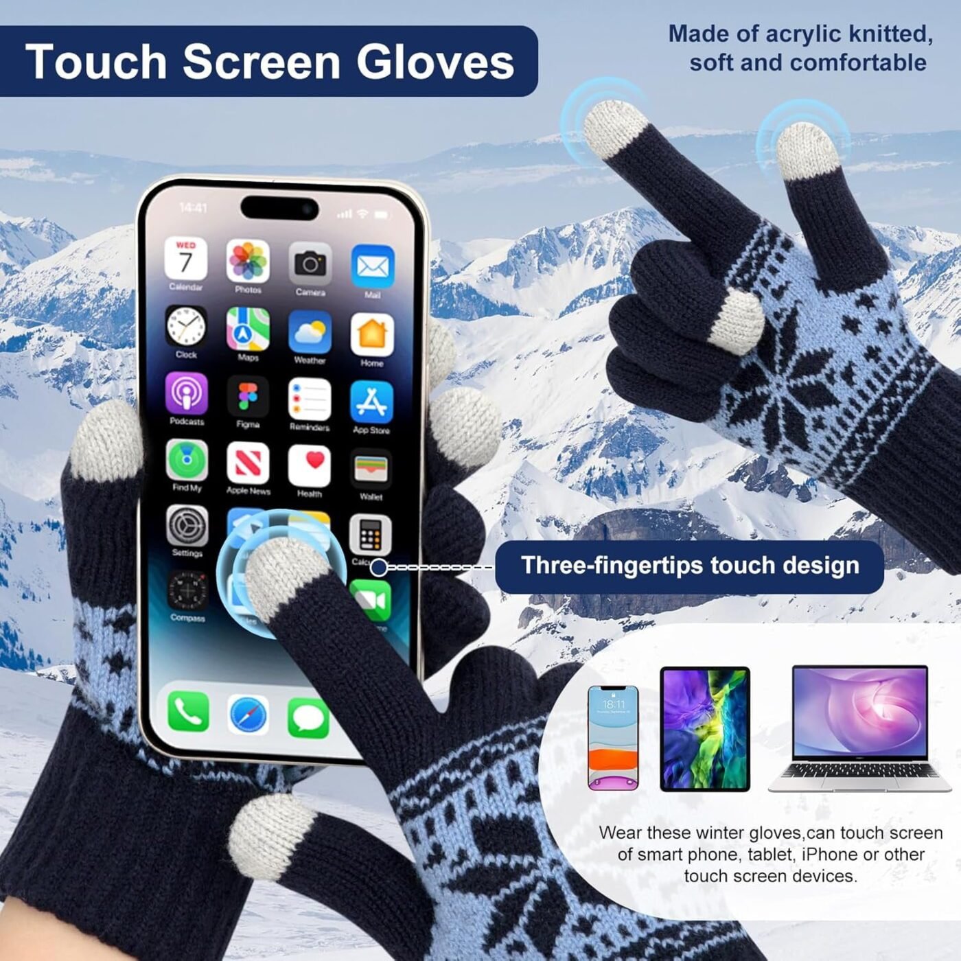 3 Pairs Touch Screen Gloves with Snow Flower Pattern, Warm Knit Winter Gloves Christmas Gifts Stocking Stuffers for Women Red1 Blue White 4 3 Pairs Touch Screen Gloves with Snow Flower Pattern, Warm Knit Winter Gloves Christmas Gifts Stocking Stuffers for Women Red1 Blue White - image 4