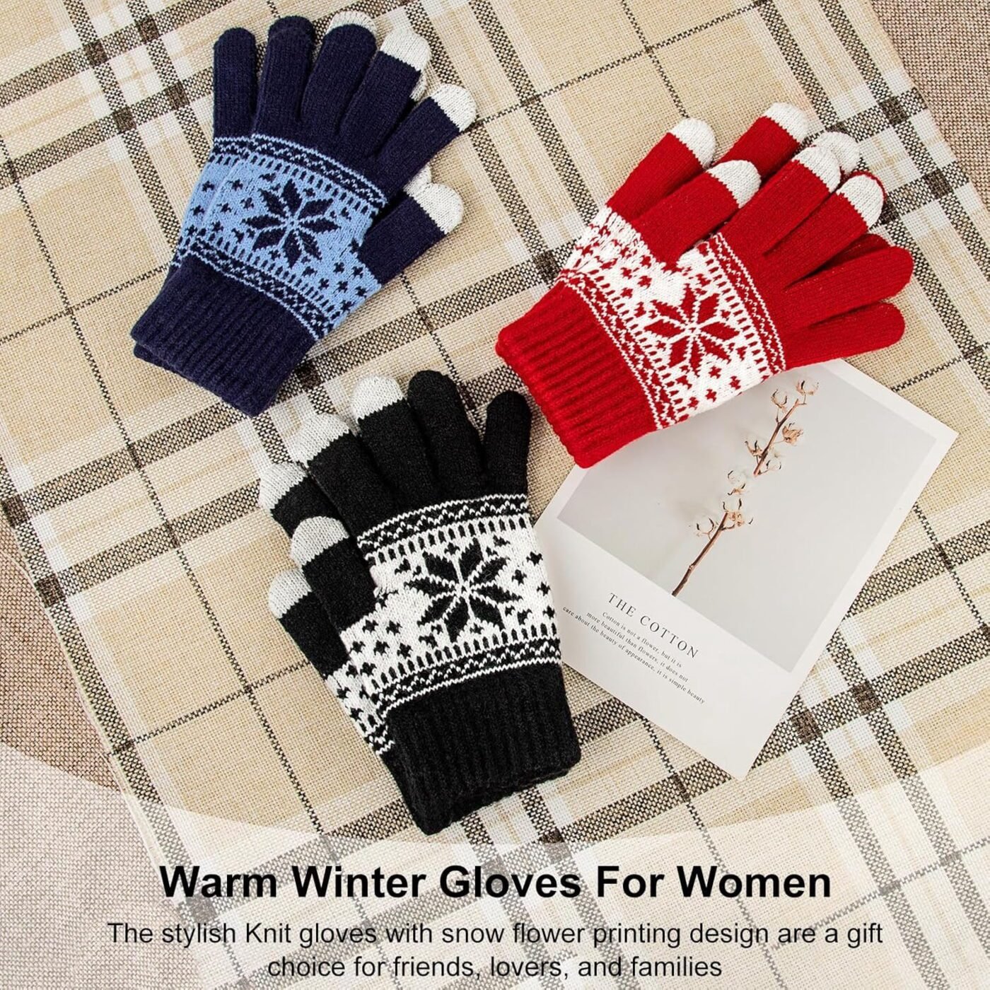 3 Pairs Touch Screen Gloves with Snow Flower Pattern, Warm Knit Winter Gloves Christmas Gifts Stocking Stuffers for Women Red1 Blue White 5 3 Pairs Touch Screen Gloves with Snow Flower Pattern, Warm Knit Winter Gloves Christmas Gifts Stocking Stuffers for Women Red1 Blue White - image 5