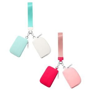 Keychain Wallet Mini Zip Around Wristlet Wallets For Women Detachable Dual Pouch Wristlet Portable Coin Purse Small Wallets For Travel Sports Outdoors E-Watermelon Red 1PCS & Mint Green 1PCS