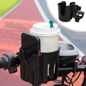 2-in-1 Bicycle Cup Holder with Mobile Phone Holder – Universal Water Bottle Holder, Coffee & Tea Mug Holder, for Electric Bike, Bicycle, Motorcycle, Stroller, Walker – Fits Phones Up to 6.5 Inches