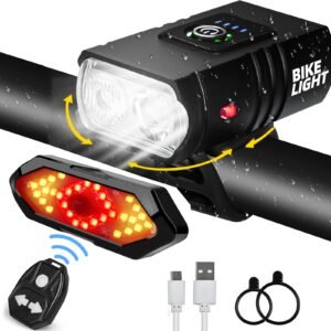 Bicycle Lighting Set – Bicycle Headlight – Rear Light with Turn Signal – USB Rechargeable – Bicycle Lights – LED Lighting – Flashing Light – Waterproof – Wireless Remote Control – MTB Accessories – Road Bike – City Bike – Black – 1 Piece