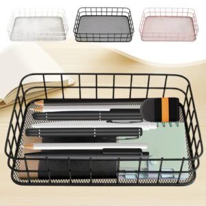 Desktop Metal Storage Basket, Grids Storage Tray Small Wires Baskets Fruit Basket Metal Organizer Tray for Home Decoration, Closets, Fridge, Kitchen Black