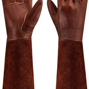 SUCCLACE Long-Gardening-Gloves for Women/Men – Thorn Proof Cowhide Leather Rose/Blackberry Pruning Heavy Duty Gloves Thick Palm Gauntlet Garden Work Gloves with Forearm Protection (Brown-Small) S Brown
