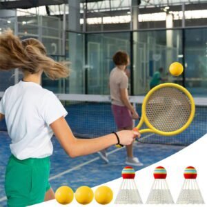 Kids Badminton & Tennis Set – Racket Family Sports Gift with Balls， Lightweight Beginner Gear for Ages 6-12, Indoor/Outdoor Play Red 1