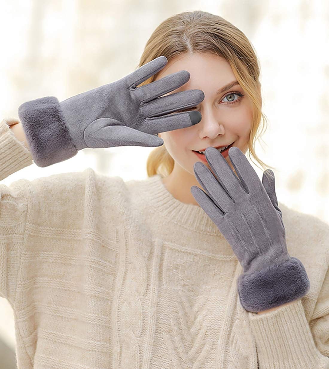 Women Winter Warm Touch Screen Soft Windproof Lined Thick Gloves for Snow Skiing in Clod Weather grey 4 Women Winter Warm Touch Screen Soft Windproof Lined Thick Gloves for Snow Skiing in Clod Weather grey - image 4