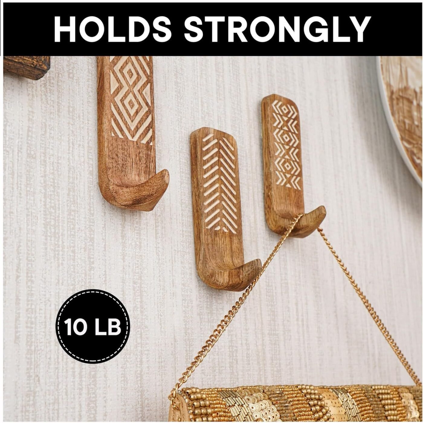 Shelf Boho Decorative Wood Adhesive Wall Hooks for Hanging Coats, Keys, Leash, Hat, Towel Holder, Cute Sticky Key Holder, (3 Hooks ) 3 Shelf Boho Decorative Wood Adhesive Wall Hooks for Hanging Coats, Keys, Leash, Hat, Towel Holder, Cute Sticky Key Holder, (3 Hooks ) - image 3