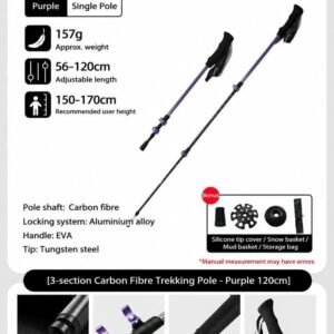 Carbon Fiber Trekking Pole, 3 Section Adjustable Lightweight Hiking Stick, For Adults Under 170cm, Purple, Professional Outdoor Climbing Gear, Great Outdoor Sports Gift