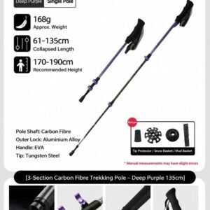 Carbon Fiber Adjustable Hiking Trekking Pole, 3 Section Lightweight Walking Stick, Suitable For People Under 190cm, Purple, Durable Mountain Climbing Accessory
