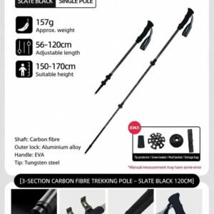 Carbon Fiber 3-Section Telescopic Trekking Stick, Lightweight Hiking Pole For Adults Under 170cm, Slate Black, Portable Outdoor Walking Equipment
