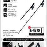 Lightweight Carbon Fiber Trekking Pole, 3 Section Adjustable Walking Stick, Fit For Height Under 190cm, Slate Black, Professional Hiking & Climbing Gear