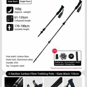 Lightweight Carbon Fiber Trekking Pole, 3 Section Adjustable Walking Stick, Fit For Height Under 190cm, Slate Black, Professional Hiking & Climbing Gear