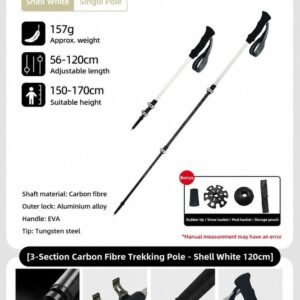 3 Section Carbon Fiber Telescopic Hiking Pole, Lightweight Trekking Stick For Height Under 170cm, Shell White, Stylish Outdoor Walking Accessory